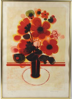 an image of a painting of flowers in a vase on a table