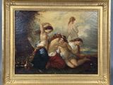 une peinture à l'huile représentant un groupe de nus dans un paysage