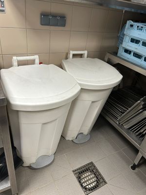 deux poubelles dans la cuisine, l'une à côté de l'autre