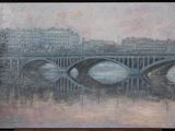 a painting of a bridge over a river with buildings in the background