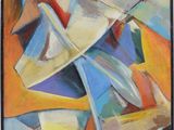 une peinture représentant une peinture d'un voilier sur fond jaune