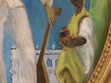 painting of a man playing a musical instrument next to a woman in a yellow dress