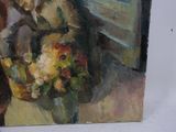 a painting of a woman holding a basket of flowers