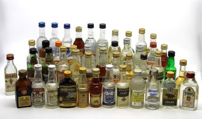 de nombreuses bouteilles d'alcool alignées sur une surface blanche
