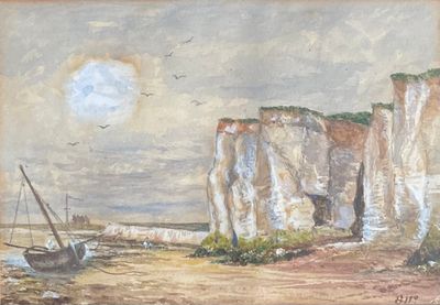 a painting of a boat in the water near a cliff