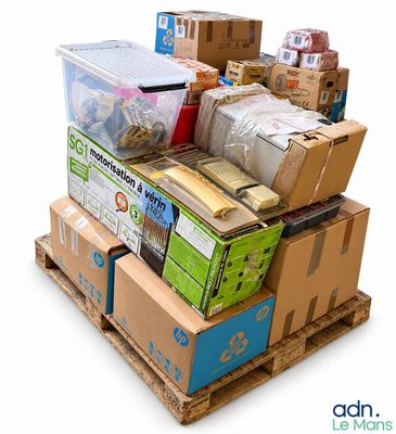 a pile of boxes and containers on a pallet