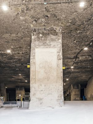 an empty room with a concrete column in the middle of it