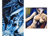 deux tableaux représentant une femme allongée dans un lit, à côté d'un tableau représentant une femme nue