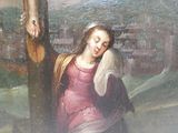 a painting of a woman holding a cross on a hill