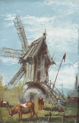 un tableau représentant un moulin à vent avec des vaches qui paissent dans le champ