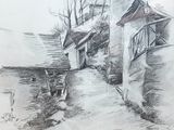 pencil drawing of a house on the side of a river