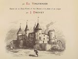 an old book with a drawing of a castle on the cover