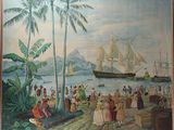 un tableau représentant un grand groupe de personnes sur la plage