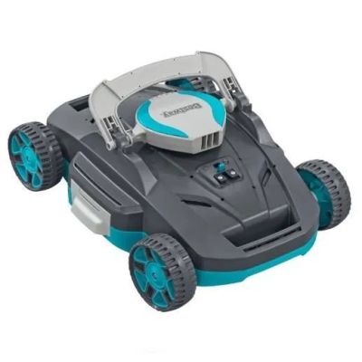 une tondeuse robotisée équipée de roues, sur fond blanc