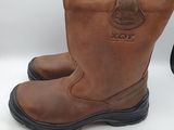 a pair of brown boots with black soles on a white surface