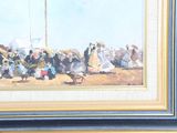 a painting of a group of people with umbrellas