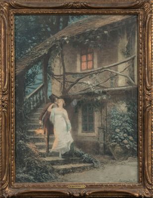 tableau représentant une femme et un cheval devant une maison