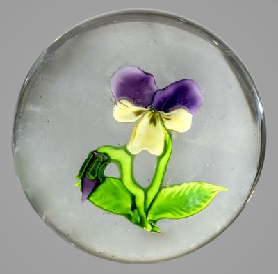 un presse-papier en verre contenant une fleur violette