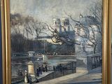 tableau représentant une vue de ville avec des passants marchant sur le trottoir