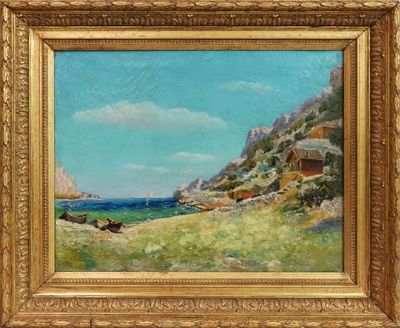 une image représentant un tableau où l'on voit un chien sur la plage