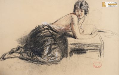 dessin représentant une femme assise sur un banc, la main posée sur le menton