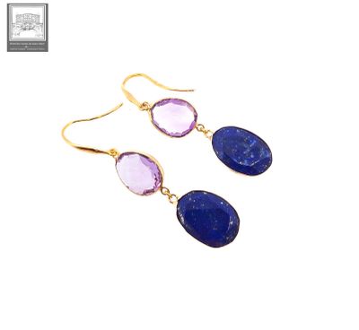 a pair of earrings with blue and purple stones on them