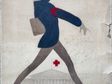 painting of a man in a blue coat and hat walking with a red cross on his chest