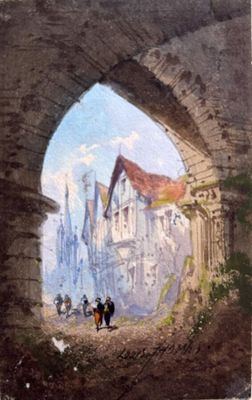 un tableau représentant un homme et une femme marchant dans un tunnel