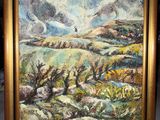 une peinture à l'huile d'un paysage avec des montagnes en arrière-plan