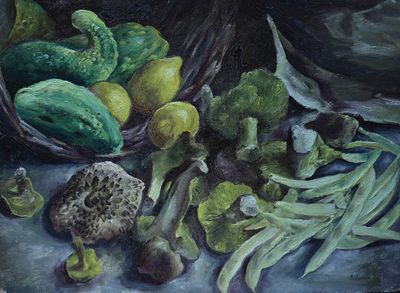 un tableau représentant un panier de légumes posé sur une table