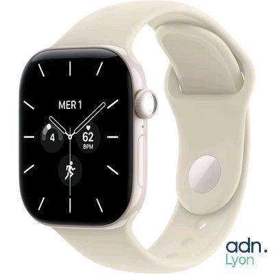 une Apple Watch blanche avec un cadran noir et un bracelet blanc