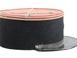 black top hat with a red band and a silver buckle