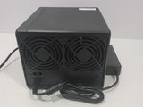 a close up of a black computer case with two fans on it