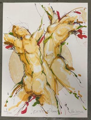 painting of two nudes on a white background with red and green paint