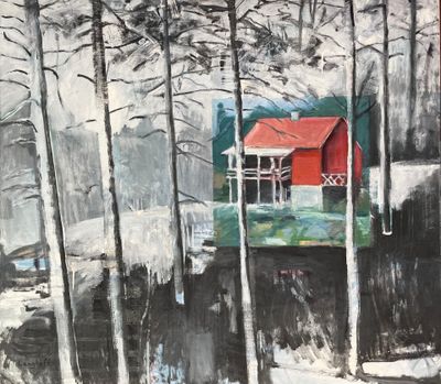 a painting of a red house in the middle of the woods