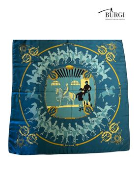 blue silk scarf with a picture of a man riding a horse and a woman riding a horse