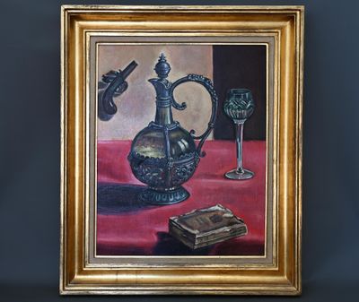 une photo d'un tableau représentant une nature morte avec un verre de vin