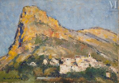 une image représentant un tableau où l'on voit une montagne avec un village au premier plan