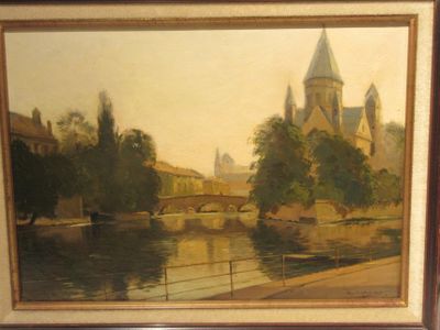 a picture of a painting of a castle by the water