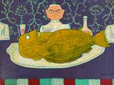 un tableau représentant un homme assis à une table sur laquelle se trouve un poisson