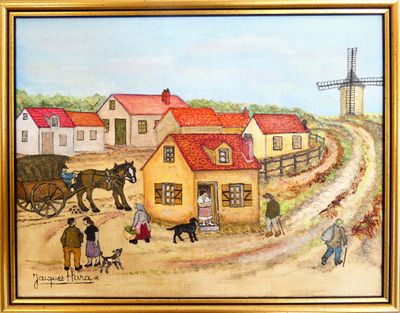 tableau représentant une scène de vie à la campagne avec une calèche tirée par un cheval et deux personnes