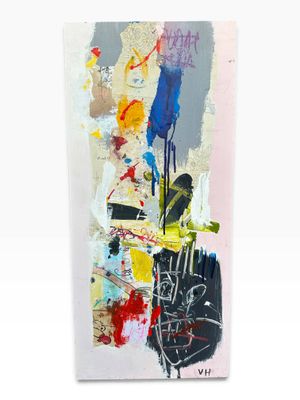 an abstract painting of various colors and shapes on a white background