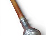 a metal mallet with a wooden handle on a white background
