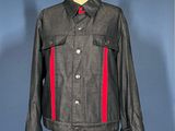 black leather jacket with red and white stripes on a mannequin