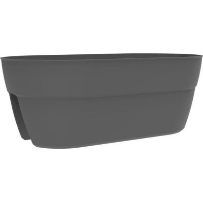 a gray plastic planter with a black handle