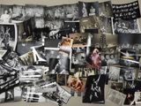 several black and white photos of a bunch of people on a refrigerator