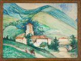 une peinture à l'huile représentant un village avec un pont et une calèche