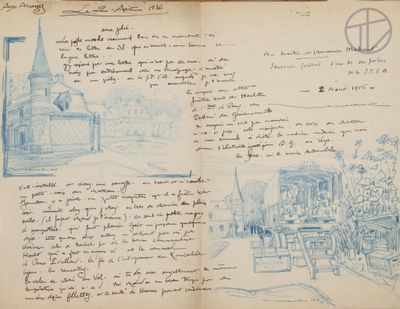 an open notebook with a drawing of a church on it