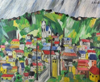 un tableau représentant une ville située sur une colline, avec une montagne en arrière-plan