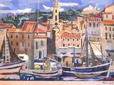 tableau représentant des bateaux dans un port, avec une église en arrière-plan